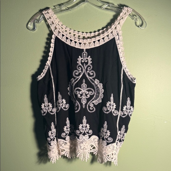 Ultra Pink Tops - Ultra Pink Black Tank Top with White Crochet & Embroidery